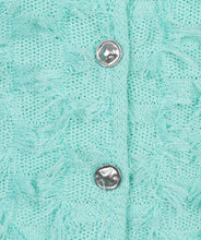 Load image into Gallery viewer, Close-up of silver buttons on mint green knitted cardigan.
