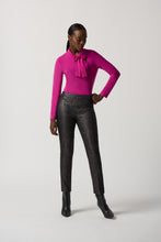 Load image into Gallery viewer, The Joseph Ribkoff long sleeve top features a slim silhouette, bow detail at the neckline, and an ultra-soft, stretchy fabric, allowing you to flaunt a feminine appearance. Ideal for wearing alone or for blending with a blazer, its design ensures a comfortable fit while elevating your look.  Color- Opulence Fuchsia. Bow design detail at the neck. Keyhole neckline. Fabric -96% Polyester, 4% Spandex.

