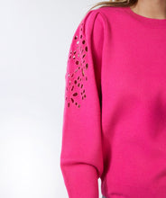 Load image into Gallery viewer, Discover sophistication with our Fenia Embroidered Sweater. Made of soft fabric with fine cut out embroidery on the upper sleeves, this sweater adds a stylish and feminine element to any outfit. An essential garment for a charming and trendy look!  Color- Fuchsia. Cut out embroidery on upper sleeves. Blouson sleeve design. Pull over. Crewneck.
