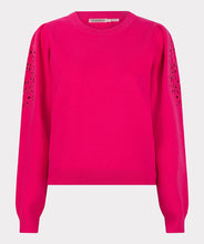 Load image into Gallery viewer, Discover sophistication with our Fenia Embroidered Sweater. Made of soft fabric with fine cut out embroidery on the upper sleeves, this sweater adds a stylish and feminine element to any outfit. An essential garment for a charming and trendy look!  Color- Fuchsia. Cut out embroidery on upper sleeves. Blouson sleeve design. Pull over. Crewneck.
