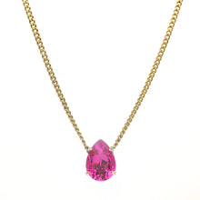 Load image into Gallery viewer, Introducing the Lumi necklace, a dazzling and versatile piece adorned with a high-quality pear-shaped stone in the middle. This antique gold-plated necklace features a 14” length with a 3” extension. Handcrafted in Canada.    Color- Gold and fuchsia. Premium crystals. Tear drop in fuchsia. Gold chain. Length- 14 inches with 3-inch extension. 
