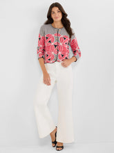 Load image into Gallery viewer, Woman wearing a stripe and floral patterned cardigan, white pants  and black sandals against a white background.
