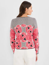 Load image into Gallery viewer, Woman wearing a stripe and floral patterned cardigan and white pants against a white background.
