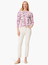 Load image into Gallery viewer, A rosy roadmap print for your season, no matter the season. Whether you&#39;re wearing it with your favorite pair of jeans, to the office, or out on the town, it&#39;s sure to draw the eye thanks to the unique geo print and the fun pleated detail at the top of the sleeves. Lightweight so you can wear it as a top or a layer and Mindfully Made from fully fashioned knitwear that eliminates textile waste.
