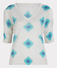 Load image into Gallery viewer, A lightweight V-neck sweater top is a perfect style for all year long. The details on our lovely Geneva creates a feminine and modern style that will match with shorts to skirts and everything in between.  Color of blue and aqua geometric patterns pop on a white background.  
