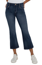 Load image into Gallery viewer, Meet Gia. She’s our patented pull-on jean with the perfect blend of innovation and style. Experience the ease of slipping into these flares!  Our patented design offers a seamless and flattering fit, enhancing your curves while providing unmatched comfort. Dual FX stretch and recovery technology ensures that these pants move with you, offering flexibility for all your daily activities, while bouncing back to their original shape effortlessly.  Color- Edgehill; Dark blue with slight fading.
