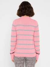 Load image into Gallery viewer, Woman wearing a pink with grey and black stripes and grey animal print pants against a white background.
