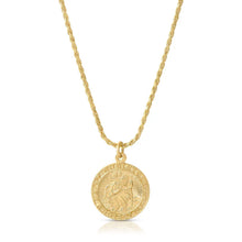 Load image into Gallery viewer, This exquisite necklace is crafted by hand and features a dainty Saint Christopher charm elegantly hanging from an 18-inch rope chain.
