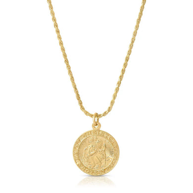 This exquisite necklace is crafted by hand and features a dainty Saint Christopher charm elegantly hanging from an 18-inch rope chain.