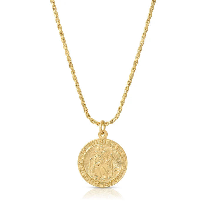 This exquisite necklace is crafted by hand and features a dainty Saint Christopher charm elegantly hanging from an 18-inch rope chain.