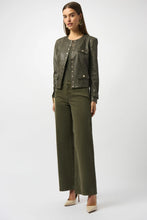 Load image into Gallery viewer, Woman wearing an avocado green top, avocado green jacket and avocado green wide leg denim pants with off white heels against a white background.
