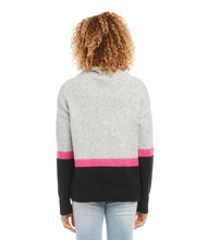 Load image into Gallery viewer, This sweater features a luxuriously soft finish with color-blocked stripes in a timeless turtleneck design. Gray, hot pink and black come together to create a stylish look, perfect for pairing with our Hadley Hot Pink Cropped Vegan Leather Pants - Karen Kane, black trousers, or classic denim. Color- Gray, black and hot pink. Turtleneck. Colorblock detailing. Ribbed detail. Fabric- 53% Recycled Polyester. 38% Acrylic. 7% Wool. 2% Spandex. Dry clean.
