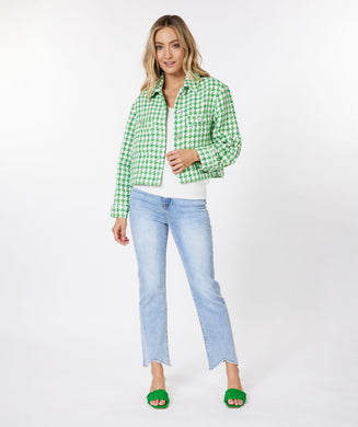 This Green Big Houndstooth Jacket by EsQualo boasts a stylish pied de poule pattern. The jacket has a shorter, relaxed fit, perfect for pairing with jeans. Accentuated by elegant rhinestone buttons, this piece is sure to catch attention.