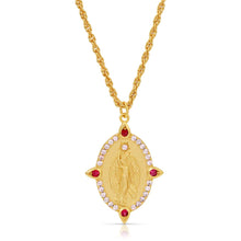 Load image into Gallery viewer, Wear this gorgeous Guardian Angel Pendant Necklace as a reminder you are surrounded by guardian angels.  A teardrop gold pendant with an angel is highlighted with sparkling pink and ruby red cubic zirconia.  Colors-Gold, pink and red. Pink and red cubic zirconia. 14k Gold Plate over Brass. Pendant Size: 26mm tall X 21mm wide. Rope chain. 18&quot; in length with a 2.25&quot; extender.
