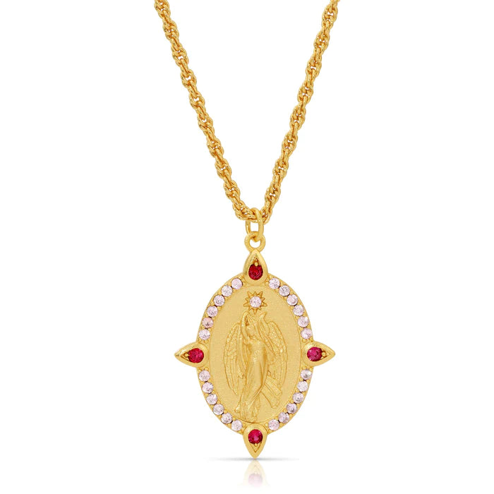 Wear this gorgeous Guardian Angel Pendant Necklace as a reminder you are surrounded by guardian angels.  A teardrop gold pendant with an angel is highlighted with sparkling pink and ruby red cubic zirconia.  Colors-Gold, pink and red. Pink and red cubic zirconia. 14k Gold Plate over Brass. Pendant Size: 26mm tall X 21mm wide. Rope chain. 18