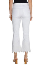 Load image into Gallery viewer, Model wearing black top, white lace detail denim and sandals against a white background.
