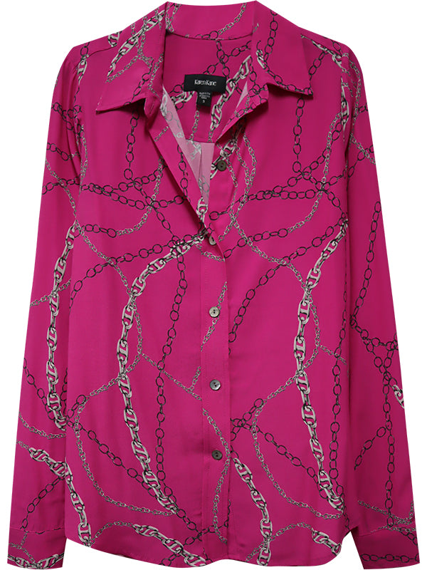 <p>This stunning haute pink, chain print blouse is an essential addition to any wardrobe. Whether dressing up for work or a night out or keeping it casual with denim for lunch with friends, the beautiful long sleeves and button-down design make it a versatile and must-have piece.</p> <ul> <li>Color- Haute pink.</li> <li>Button down.</li> <li>Long sleeve.</li> <li>Chain print.</li> </ul>