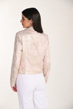 Load image into Gallery viewer, Close-up of a model wearing a light pink metallic jacket and white pants on a plain background.

