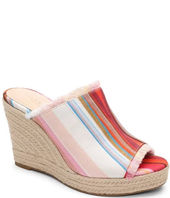 Get noticed with Hollywood Berry Blossom Espadrille Wedge Sandals by Liverpool Los Angeles Style.  The vibrant multicolored stripes make for a standout choice while the slight fringe detailing gives these eye-catching sandals a bit of edge.