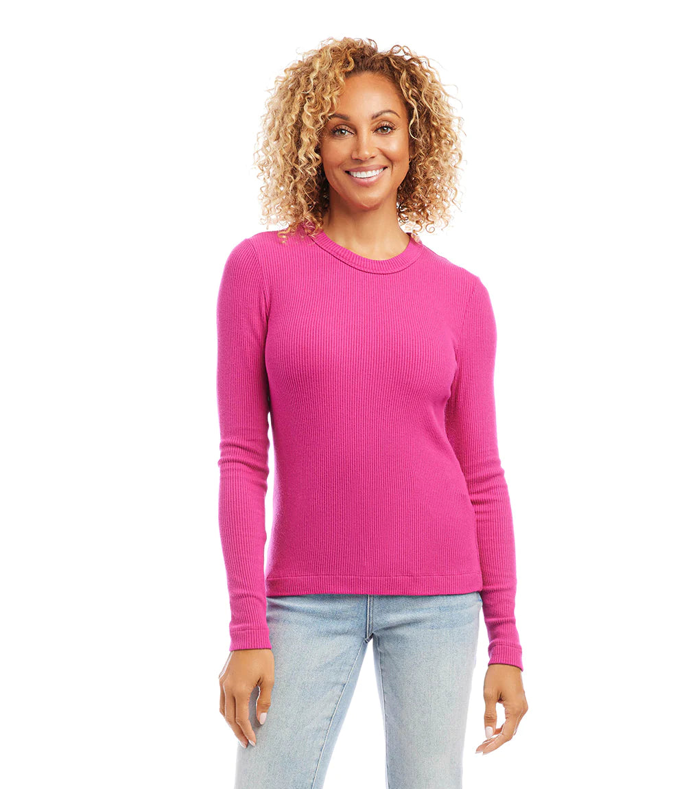 Cold-weather layering calls for this buttery soft ribbed long sleeve top. With its fitted silhouette and textured rib fabrication, this easy basic is a must-have staple. This is the perfect top to layer under our Nadalin Navy and Pink Plaid Shirt Jacket - Karen Kane 3L20180.  Color- Hot pink. Fitted. Long sleeve. Brushed Rib: 96% Viscose. 4% Spandex. Hand wash cold water. Do not bleach. Hang to dry.