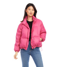 Load image into Gallery viewer, A chic, sporty jacket in the perfect shade of pink. Includes front side pockets, an adjustable waist cord, and a zip-front snap placket. Color- Hot pink. Long sleeve. Collared. Lined. Fabric- Jacket: 100% Nylon. Care- Dry clean.
