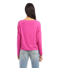 Load image into Gallery viewer, A flattering silhouette is created with the cinching at the waist of this knit top, which also includes a boatneck, drop shoulder sleeves, and an on-trend tie-front.  Color- Hot pink. Tie front. Boatneck. Long sleeve. Pick-up hem. Fabric - Jersey knit: 90% Rayon, 10% Spandex
