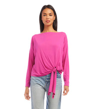 Load image into Gallery viewer, A flattering silhouette is created with the cinching at the waist of this knit top, which also includes a boatneck, drop shoulder sleeves, and an on-trend tie-front.  Color- Hot pink. Tie front. Boatneck. Long sleeve. Pick-up hem. Fabric - Jersey knit: 90% Rayon, 10% Spandex
