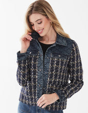 Load image into Gallery viewer, This Indigo Mixed Media Jacket from FDJ French Dressing is a stylish and modern must-have. Crafted from a unique blend of indigo and denim, it is sure to make a statement wherever you go. This jacket has an effortless look and timeless feel that will make you stand out from the crowd.  Color- Indigo and denim. Dark silver snap buttons. Faux pocket design. Fabric -100% Polyester, combo: 100% Cotton. Care- Machine wash gentle cold water. Do not bleach. Lay flat to dry. Low iron if needed.
