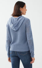 Load image into Gallery viewer, Craft an effortless look with this crochet-knit hooded sweater. Shine in this light blue hue, a perfect addition to your wardrobe.  Color- Indigo blue. Pull on. Hooded. Crochet knit.
