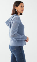 Load image into Gallery viewer, Craft an effortless look with this crochet-knit hooded sweater. Shine in this light blue hue, a perfect addition to your wardrobe.  Color- Indigo blue. Pull on. Hooded. Crochet knit.
