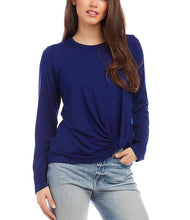 Load image into Gallery viewer, This jersey-knit top is made with buttery fabric that adds gentle motion and features a chic pick-up hem. It is an ideal match for high-waisted jeans.  Color- Iris blue. Length: Right side: 23 5/8 inches (size M) Left side: 21 3/8 inches (size M) Long sleeves. Crew neckline. Pick-up side hem. Fabric- Stretch Jersey: 90% Rayon.10% Spandex.
