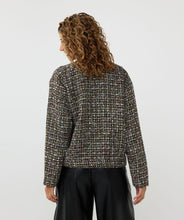 Load image into Gallery viewer, Introducing the EsQualo Tweed Bomber Jacket in black, a stylish and versatile piece featuring a subtle multicolor yarn and lurex. This jacket is the perfect combination of boldness and chic elegance, bringing a unique texture and shimmer to your wardrobe. Dress it up with a skirt or trouser or keep it casual with denim.
