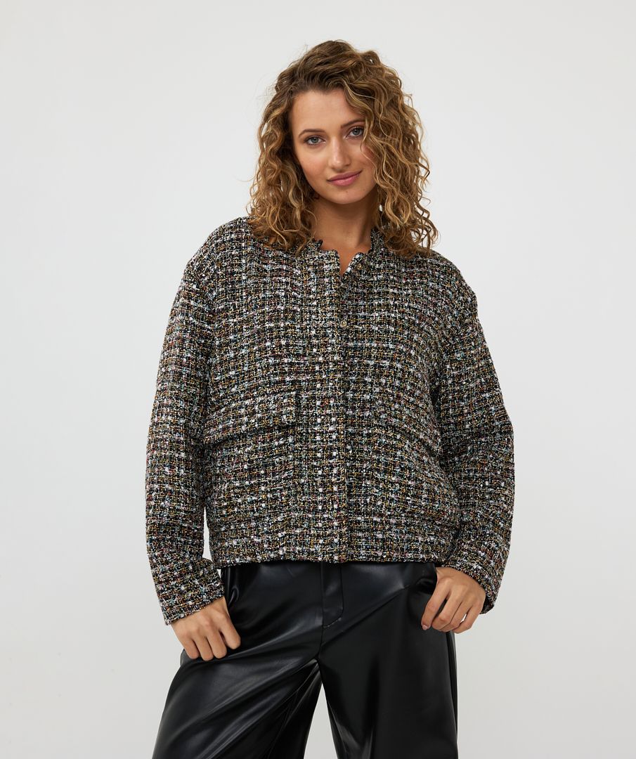 Introducing the EsQualo Tweed Bomber Jacket in black, a stylish and versatile piece featuring a subtle multicolor yarn and lurex. This jacket is the perfect combination of boldness and chic elegance, bringing a unique texture and shimmer to your wardrobe. Dress it up with a skirt or trouser or keep it casual with denim.