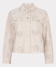Load image into Gallery viewer, The EsQualo Jacket is a stylish blend of cool and elegant. Featuring frayed edges for a distressed denim look and delicate embroidery for a chic touch. This 100% cotton jacket includes front chest pockets for added functionality.
