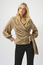 Load image into Gallery viewer, Jessa Jacquard Satin Animal Print Wrap Top in Taupe - Joseph Ribkoff 254060
