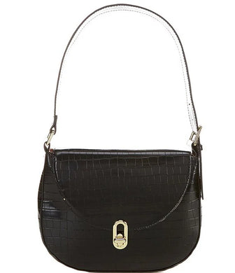 The Jacqueline is an ideal shoulder bag for any event. It is designed with high-grade vegan leather and adjustable vegan leather strap. The turn-lock closure and flap opening provide secure storage for items.  Color- Black. Turn lock flap closure. Side pocket and zip closure inside. Adjustable strap. Vegan leather. Vegan leather strap. Measurements-10.5