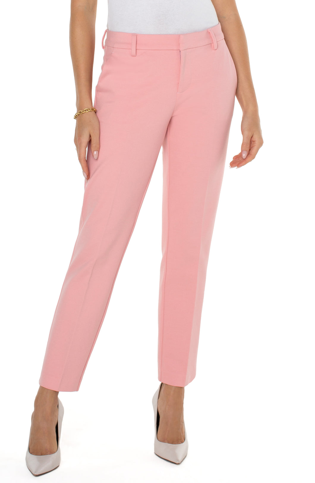 Liverpool's signature Kelsey knit trouser with superb stretch and recovery is now available in pastel colors!  This particular trouser comes in sorbet pink called pink perfection and is a definite attention grabber!    Color - Pink perfection. 29'' Inseam. Mid-rise. Set-in waistband with belt loops. Zip-fly with hidden hook and eye closure.