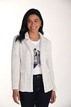Load image into Gallery viewer, Woman wearing a textured ivory blazer/jacket over a graphic t-shirt and blue jeans against a white background.
