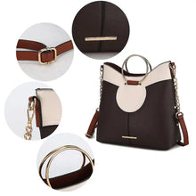Load image into Gallery viewer, This Kylie Top Handle Black and White Satchel Handbag by Mia K.- MKF Collection is perfect for the modern stylish woman. Crafted of high-quality vegan leather with luxurious gold-tone hardware and top magnetic snap closure, this handbag is both fashionable and functional. It also features optional shoulder strap, metal feet, faux snakeskin interior lining, and two slip in pockets and a wall zipper pocket for organized storage.
