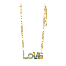Load image into Gallery viewer, Complete your look with this uniquely charming LA LA LOVE Necklace! Crafted in antique gold-plated brass, this 17&quot; beauty will wow with its high-quality crystals and 3.5&quot; extender. Show your love with this pendant that&#39;s made in Canada.  Color- Gold, red, green, yellow, orange, pink, blue. Premium crystals. Antique gold plating over brass. Length- 17 inches with 3.5 inch extender.
