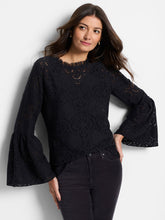 Load image into Gallery viewer, Make a statement with this lace top, the ideal choice for parties, yet versatile enough for daily wear. It features a lace mesh trim, a high-neck back button closure with a keyhole, and playful flare sleeves that add a touch of flair. This crewneck top is crafted from a cotton blend and designed with a hem that rests at the hip.
