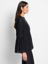 Load image into Gallery viewer, Make a statement with this lace top, the ideal choice for parties, yet versatile enough for daily wear. It features a lace mesh trim, a high-neck back button closure with a keyhole, and playful flare sleeves that add a touch of flair. This crewneck top is crafted from a cotton blend and designed with a hem that rests at the hip.
