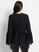 Load image into Gallery viewer, Make a statement with this lace top, the ideal choice for parties, yet versatile enough for daily wear. It features a lace mesh trim, a high-neck back button closure with a keyhole, and playful flare sleeves that add a touch of flair. This crewneck top is crafted from a cotton blend and designed with a hem that rests at the hip.
