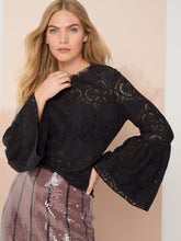 Load image into Gallery viewer, Make a statement with this lace top, the ideal choice for parties, yet versatile enough for daily wear. It features a lace mesh trim, a high-neck back button closure with a keyhole, and playful flare sleeves that add a touch of flair. This crewneck top is crafted from a cotton blend and designed with a hem that rests at the hip.
