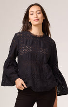 Load image into Gallery viewer, Make a statement with this lace top, the ideal choice for parties, yet versatile enough for daily wear. It features a lace mesh trim, a high-neck back button closure with a keyhole, and playful flare sleeves that add a touch of flair. This crewneck top is crafted from a cotton blend and designed with a hem that rests at the hip.
