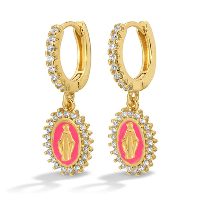 Huggie earrings with pink central stone and gold Virgin Mary surrounded by cubic zirconia against a white background.
