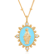 Load image into Gallery viewer, Close-up photo of a gold necklace with aqua enamel pendant with picture of Mother Mary surrounded by crystals against a white background.
