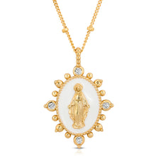 Load image into Gallery viewer, Deepen the faith with the Lady Lourdes Pendant Necklace. Features a white enamel pendant, highlighting a portrait of the Virgin Mary surrounded by ornamental CZ accents and embellished spike details. Perfect pop of color for your daily stack of necklaces.  Color- White and gold. Cubic Zirconia. White Enamel 14K Yellow Gold Plating over Brass. 14&quot; chain length + 2&quot; extender.
