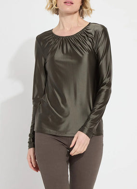 The Larissa Satin Jersey Top is designed for comfort, offering a wrinkle-free and fitted silhouette that stays true to size. It features distinctive ruching at the neckline and is crafted from Stretch Satin Jersey, providing a luxurious sheen and the convenience of 4-way stretch. The interior is finely finished with binding. Versatile in style, this top can be paired with trousers for a more formal look or dressed down with jeans for casual wear.