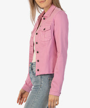 Load image into Gallery viewer, Introducing the Lavender Denim Jacket by Kut from the Kloth. This cropped style features a fray hem for added detail. The lavender color adds a touch of vibrancy to any outfit. Elevate your wardrobe with this must-have piece.&nbsp;
